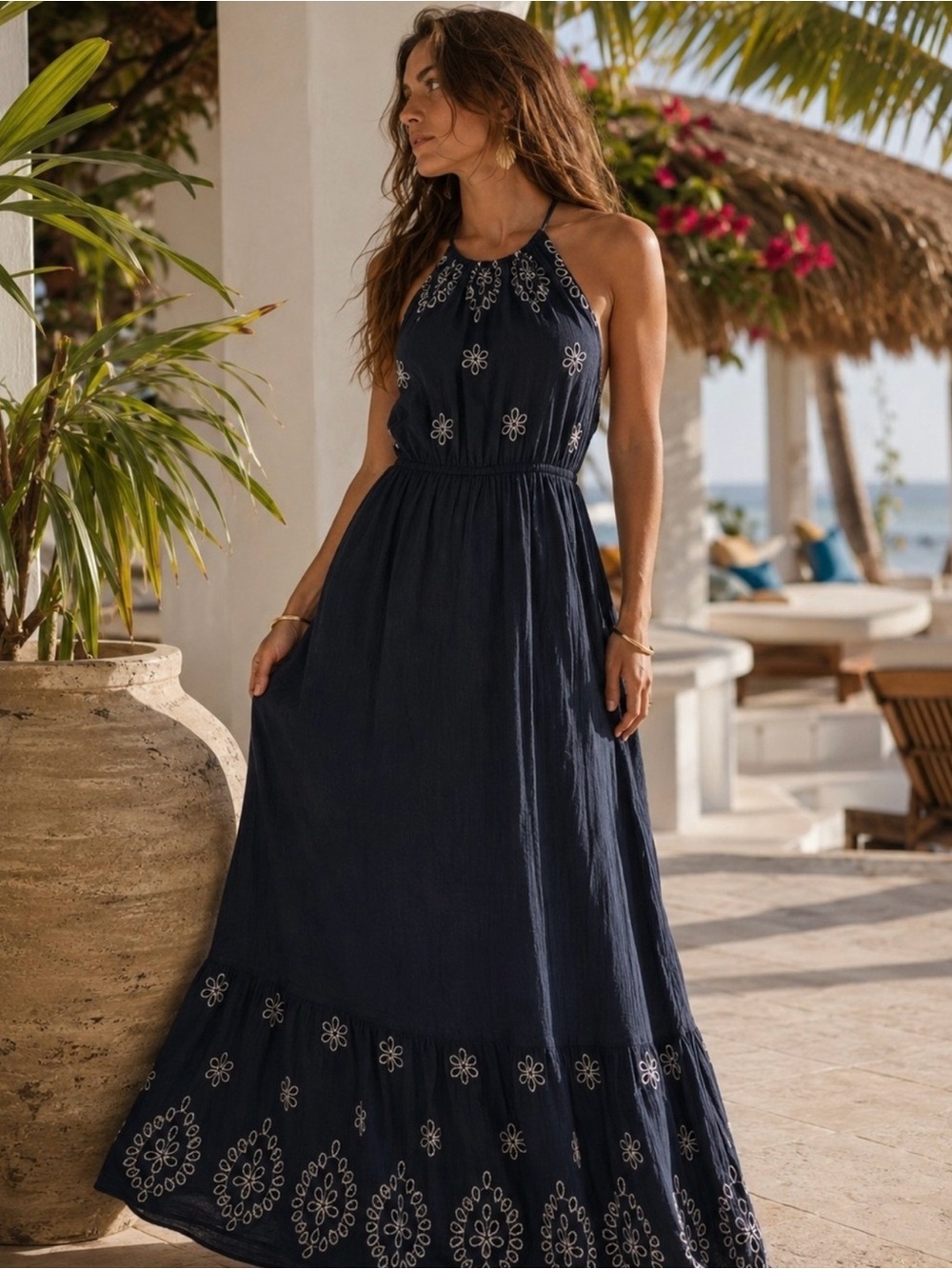 Old Navy Navy Maxi Dress with White Embroidery